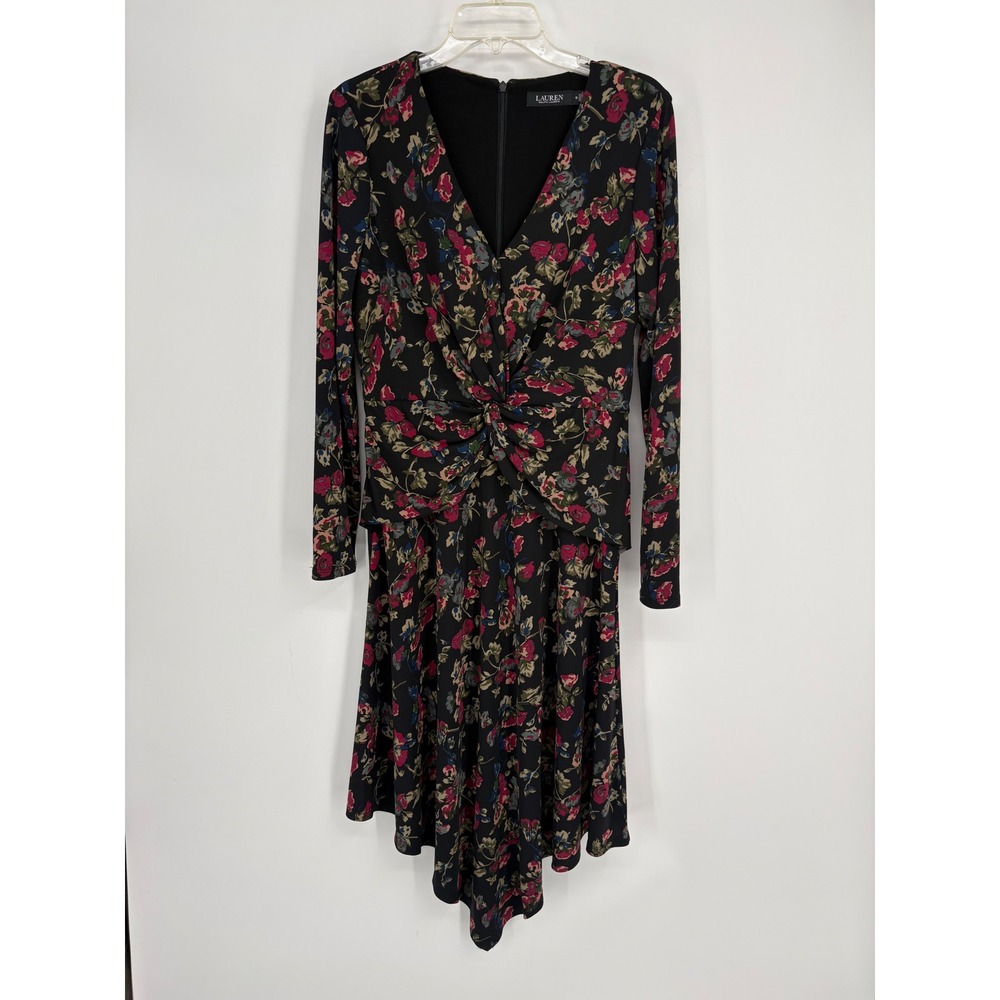 Lauren Ralph Lauren Dress Womens 10‎ Black Floral Twist Front Handkerchief Hem